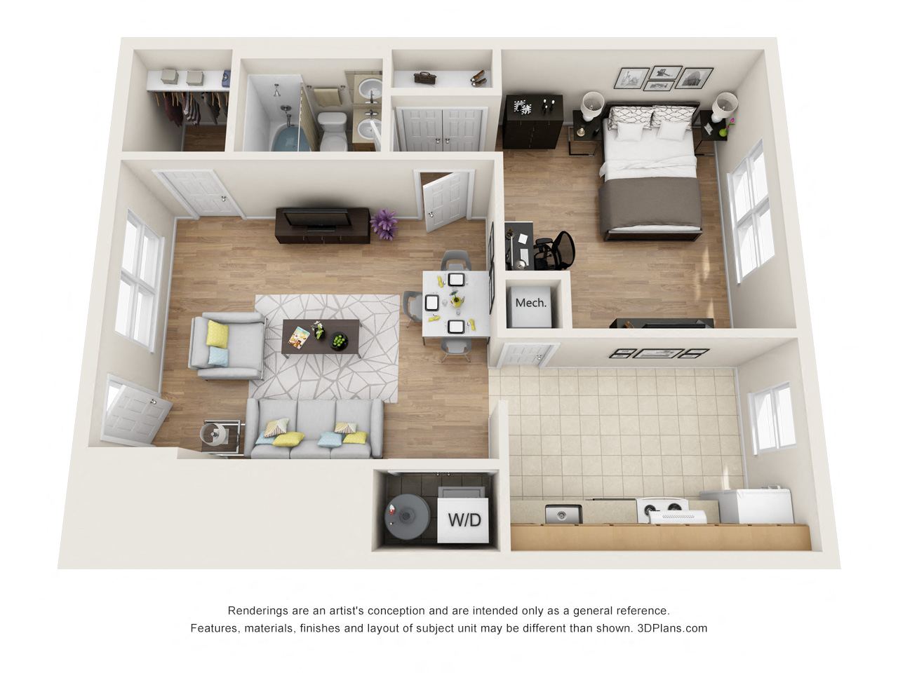 Floor plan for 1 bed, 1 bath, 801 sqft